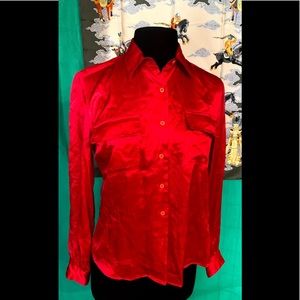 The Birds red vintage 100% silk button down blouse